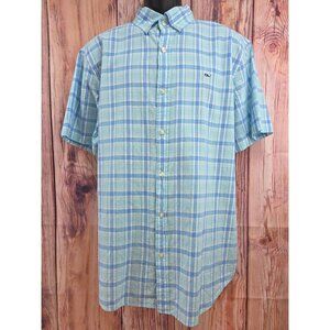Vineyard Vines Mens Whale Shirt XL Blue Plaid Button-Down Short Sleeve
